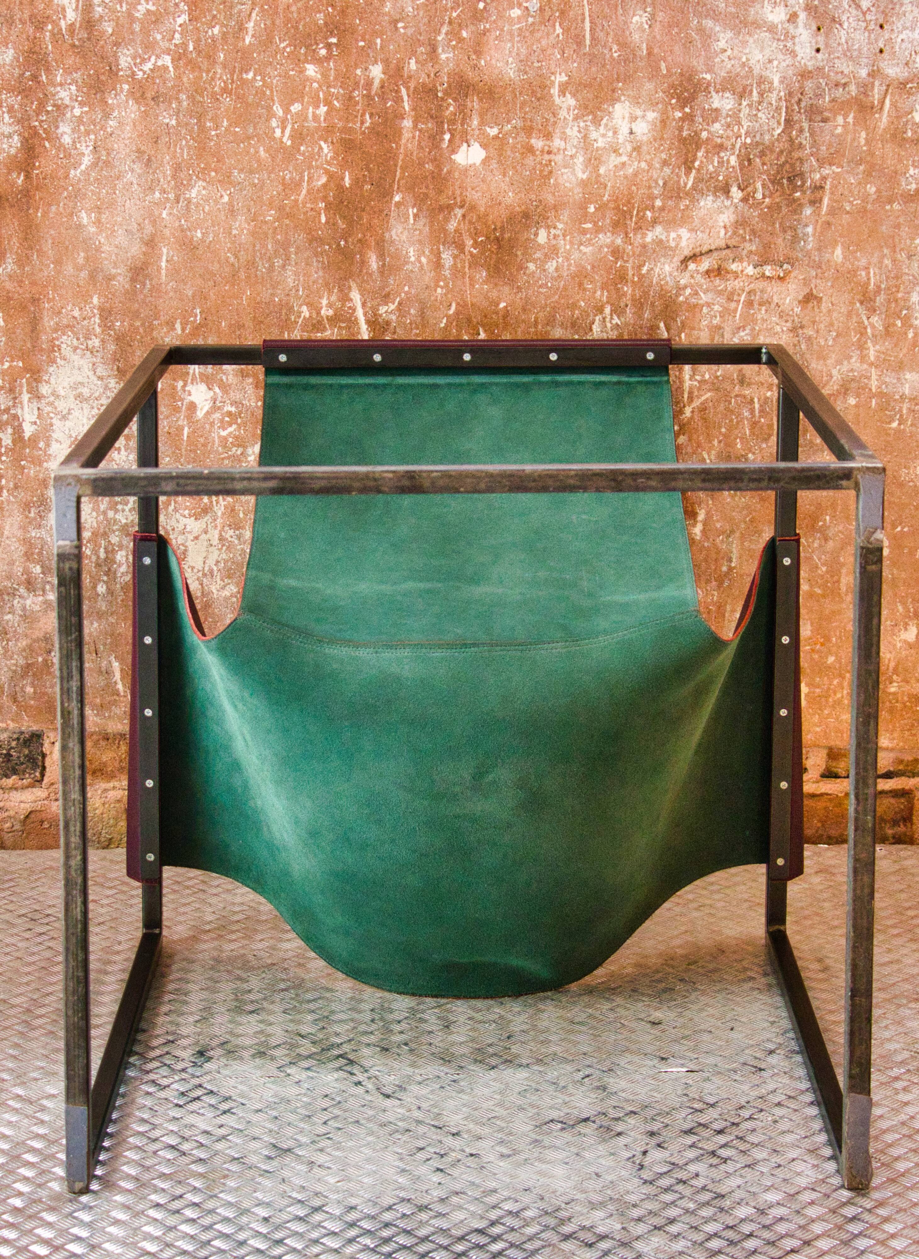 Burgundy leather armchair metal style indus contemporary design