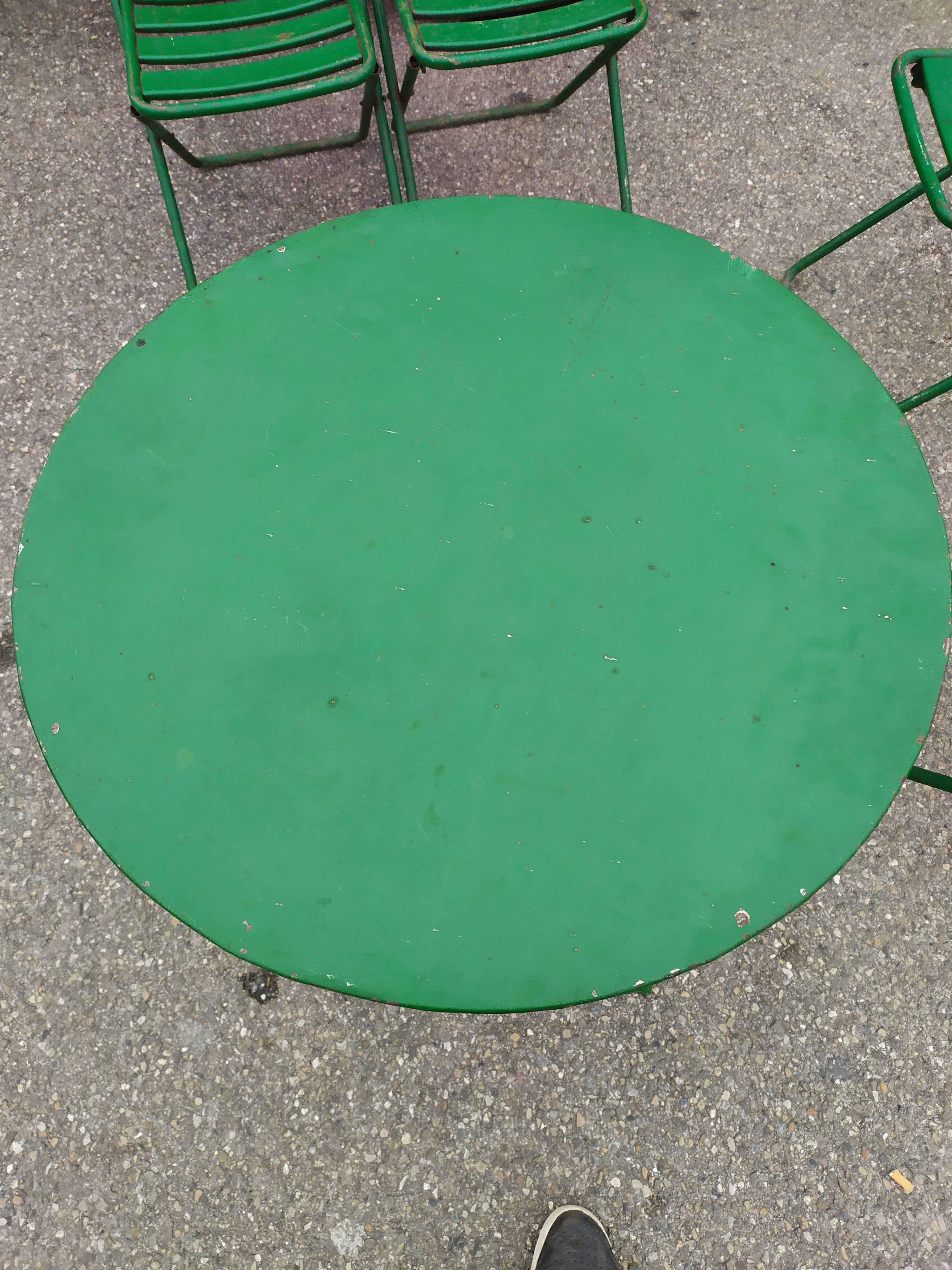 Garden set table and folding metal chairs