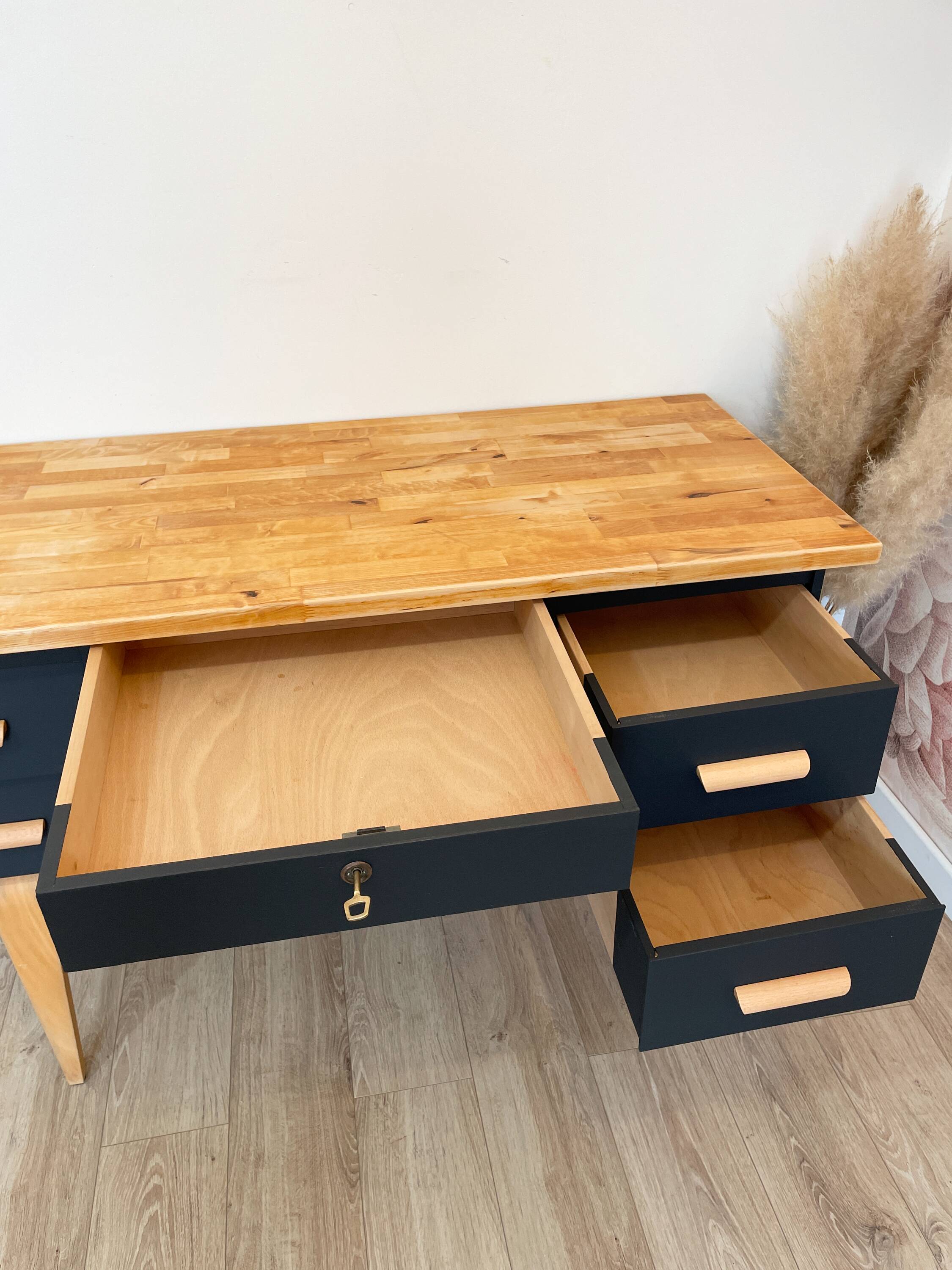 Vintage desk, Scandinavian style, Black lacquer and Beech