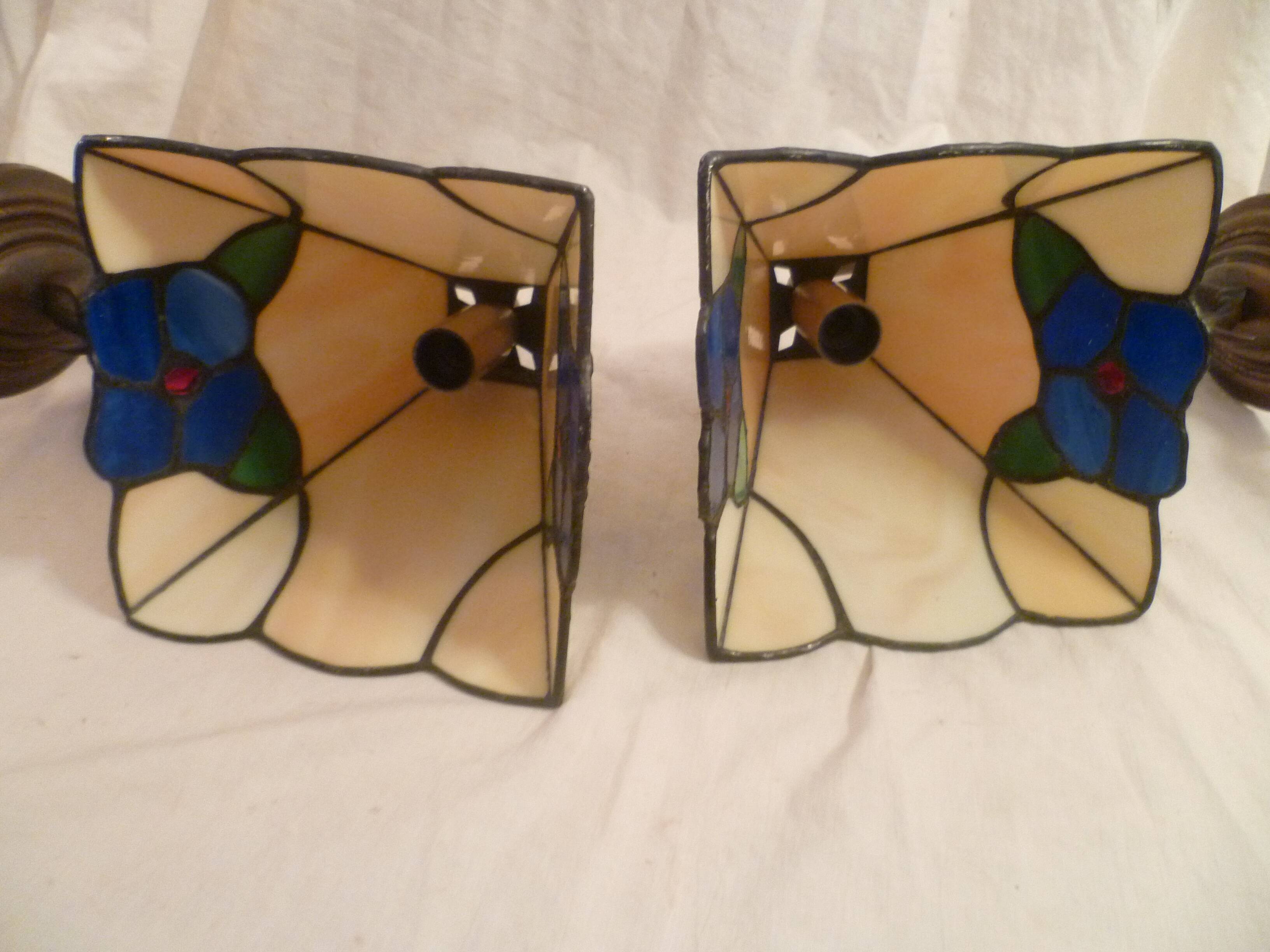 Pair of brass and color mosaic wall lights with floral pattern from the 70's
