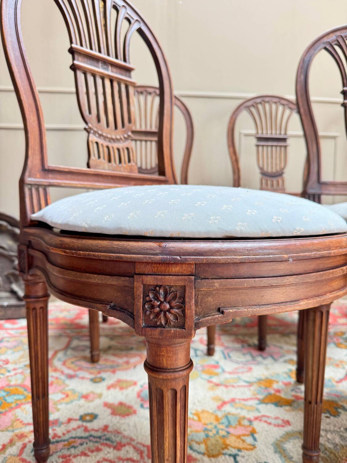 Set of six Louis XV style natural wood sheaf back chairs