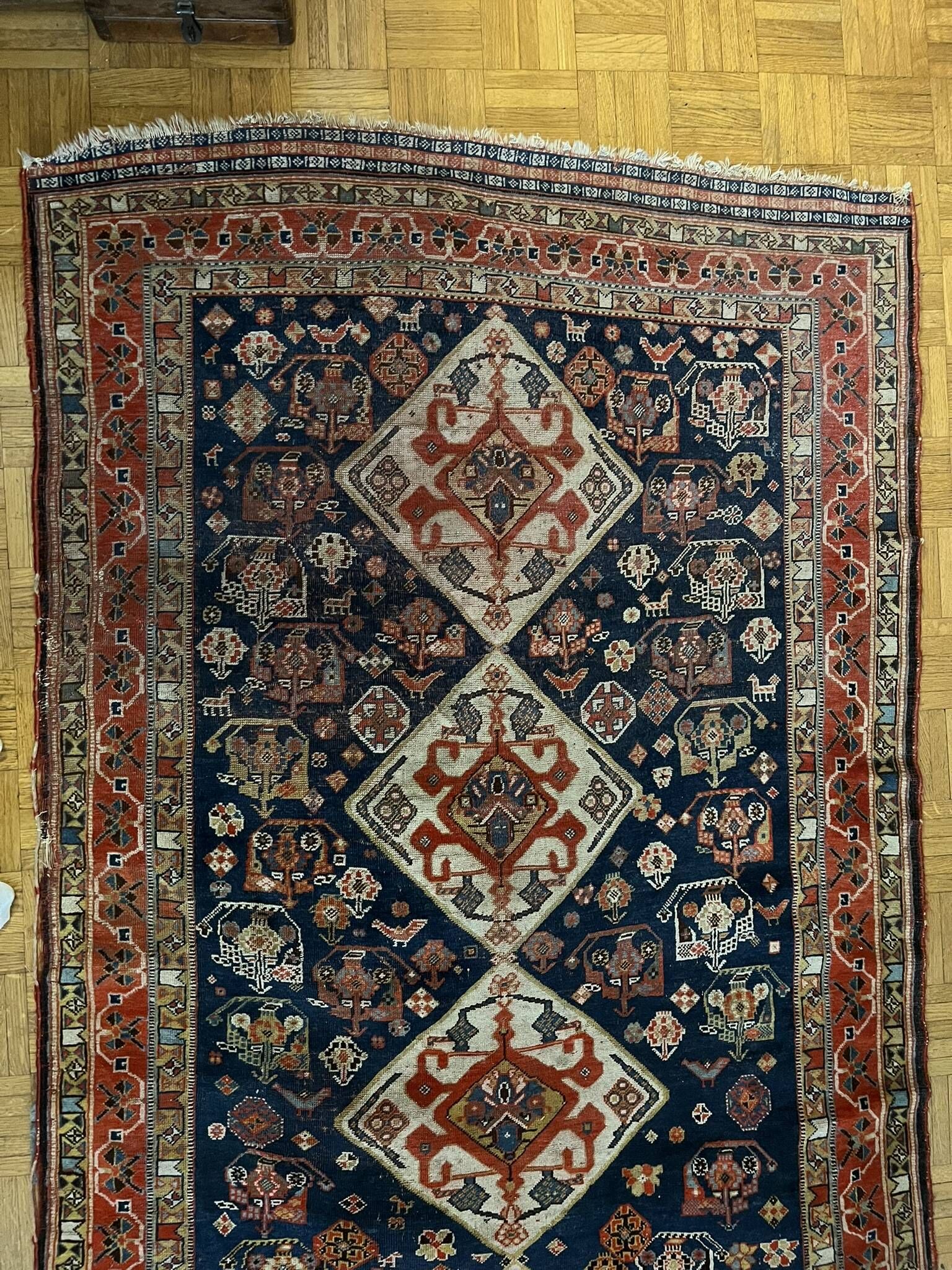 Antique handmade Persian Qashqai nomadic rug – blue background 94x112cm