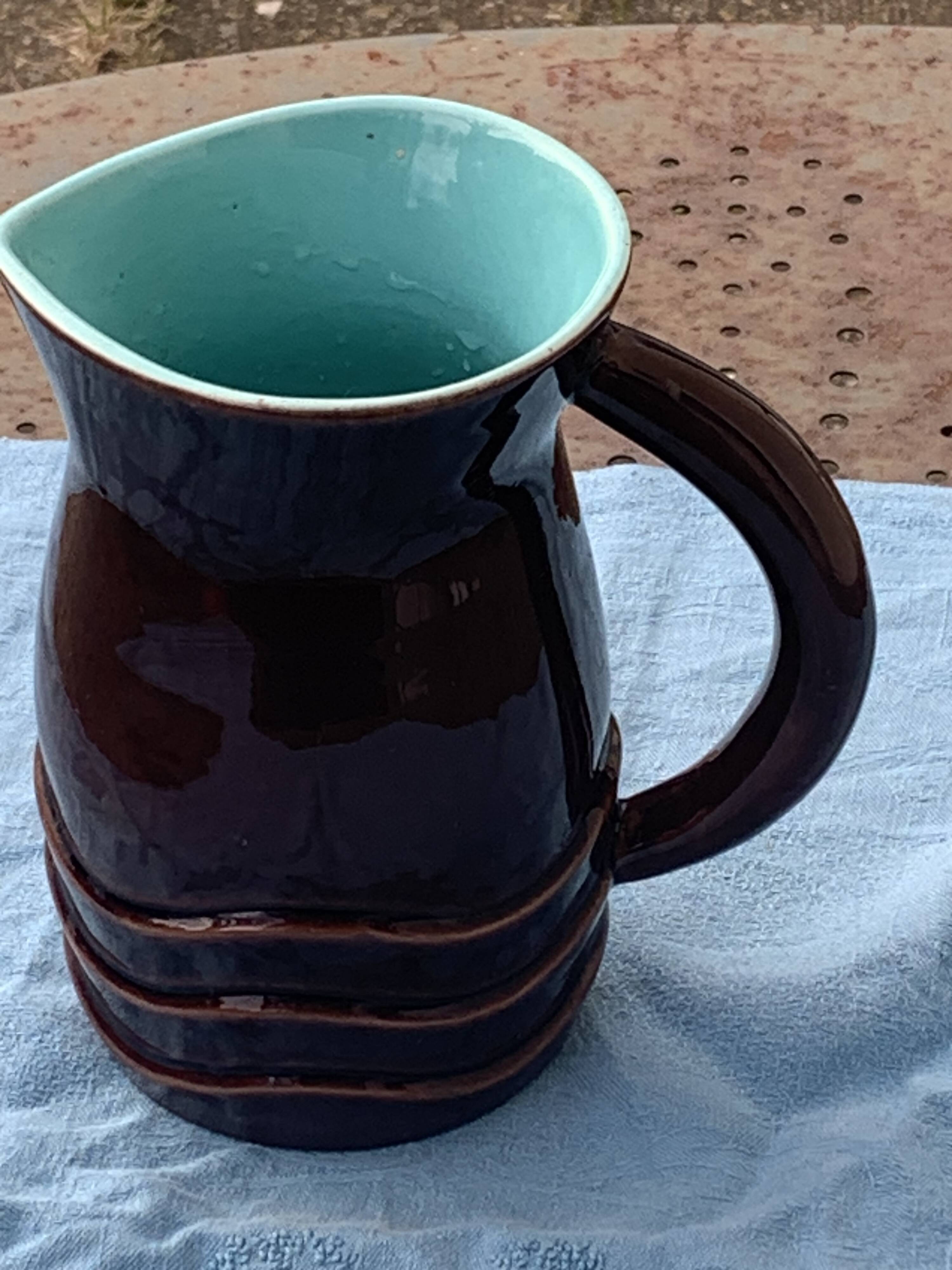 Jug, pitcher, pl france, poet laval, undulate, vintage 1950 in enameled ceramic, brown, turquoise