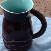 Jug, pitcher, pl france, poet laval, undulate, vintage 1950 in enameled ceramic, brown, turquoise