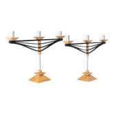Set of 2 Multicolor Wood and Aluminum Candle Holders, Italian Prototypes, 1970s Brutalist Modern Design
