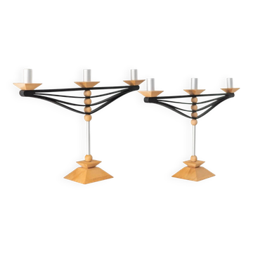 Set of 2 Multicolor Wood and Aluminum Candle Holders, Italian Prototypes, 1970s Brutalist Modern Design
