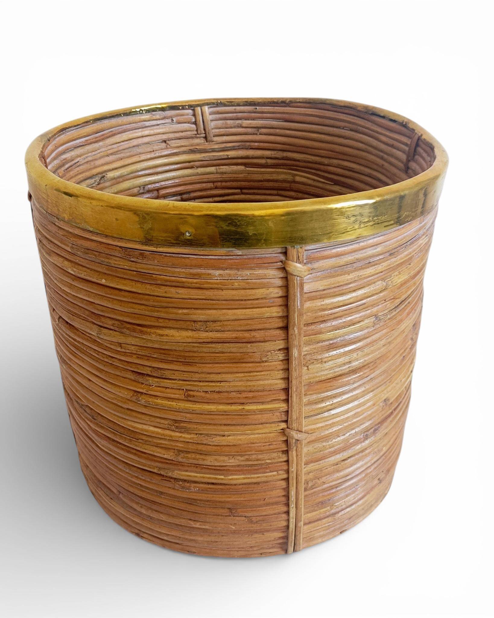 Mid-Century Organic Modern Large Pencil Reed / Rattan Planter with Brass Rim
