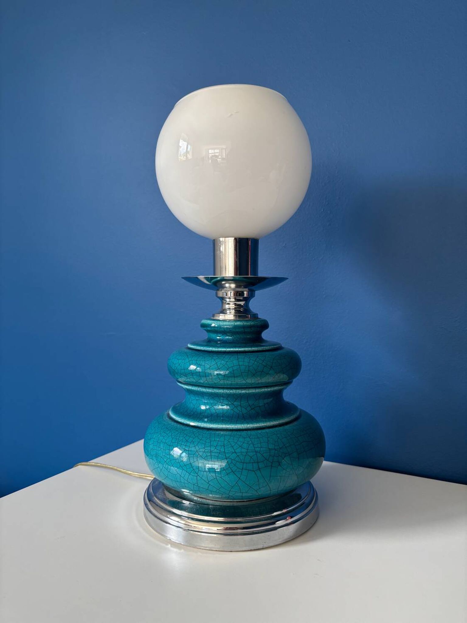 Lampe vintage en céramique craquelée émaillée bleu turquoise – base ch