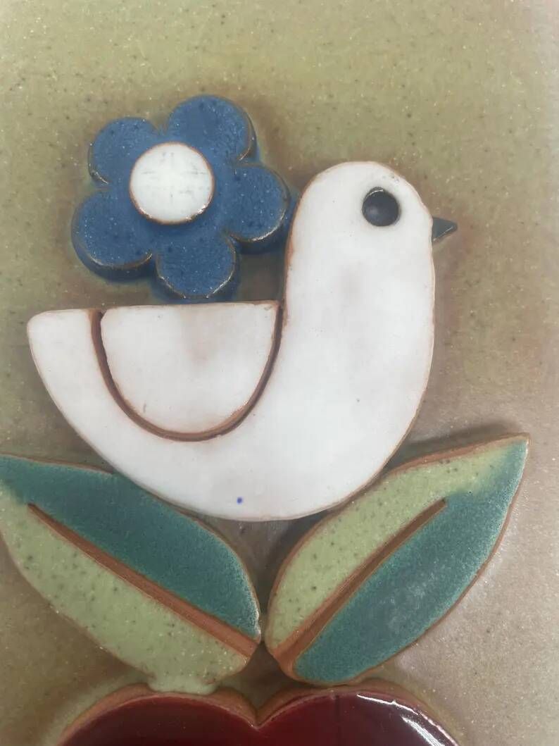 Vintage ceramic wall plaque, bird and heart, Made in Spain, Mithé Espelt style.