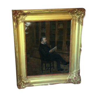 19th century oil on canvas depicting a reading scene in a library