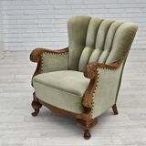 1960s, Danish armchair, green furniture velour, carved oak wood.