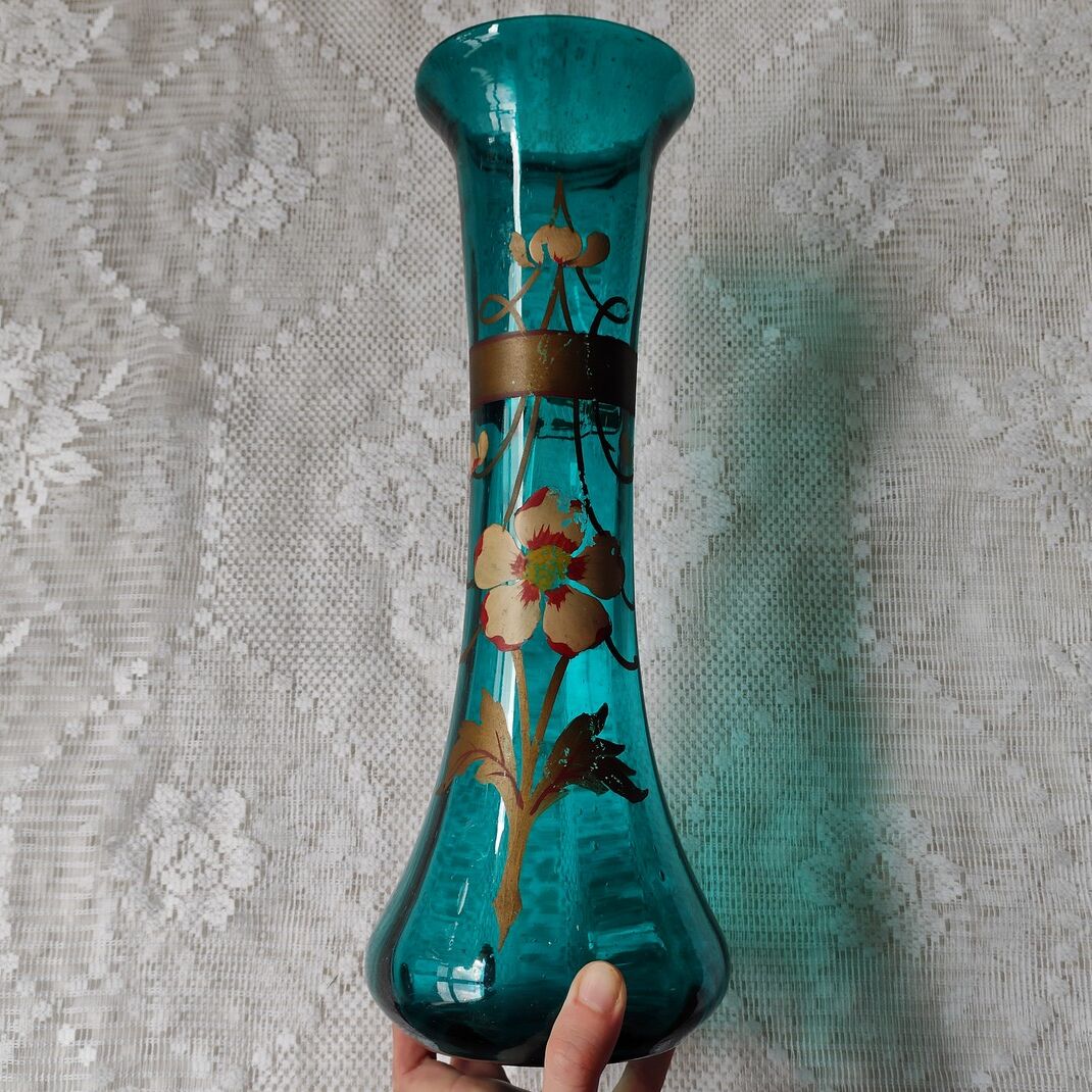 Large art nouveau turquoise blown glass vase