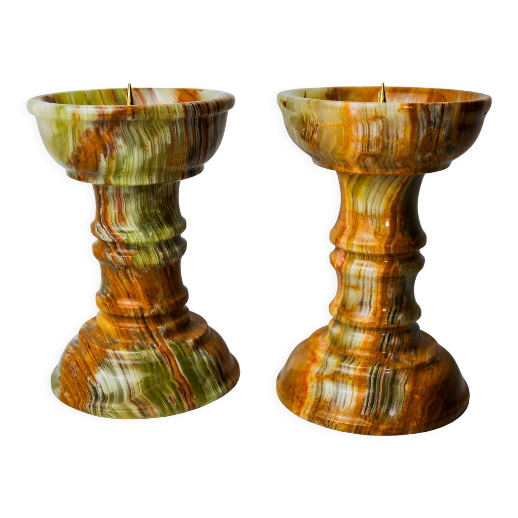 Pair of onyx and brass candle holders, Italy, 1980