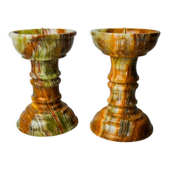 Pair of onyx and brass candle holders, Italy, 1980