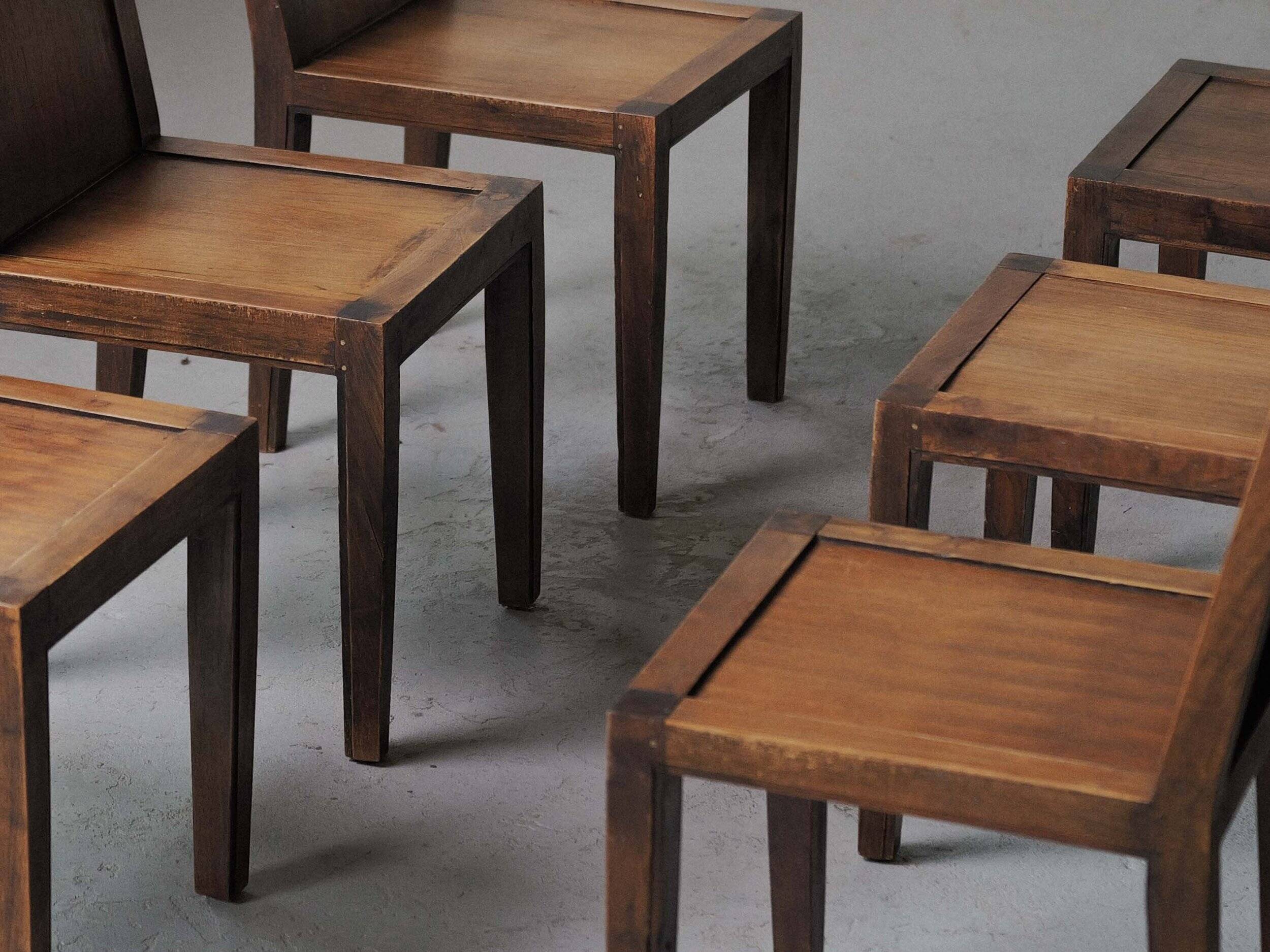 Set of 6 handcrafted oak chairs, France, circa 1970.
