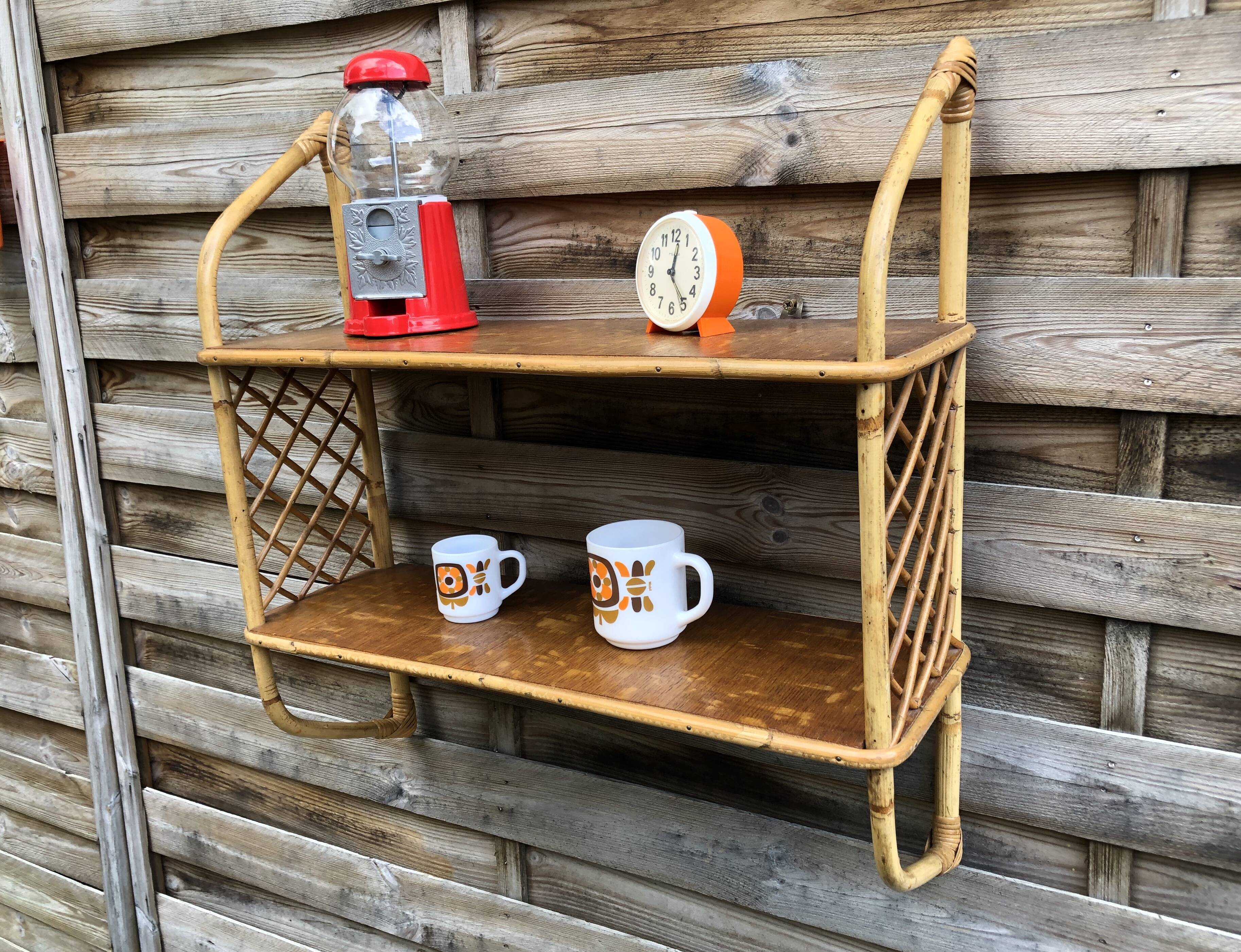 Rattan & oak vintage wall shelf 60's Louis Sognot