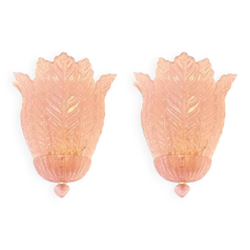 Contemporary Pink Murano Glass Leaf Wall Sconces - a Pair