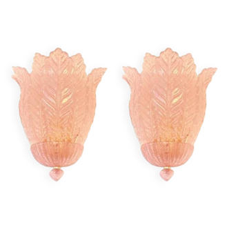 Contemporary Pink Murano Glass Leaf Wall Sconces - a Pair