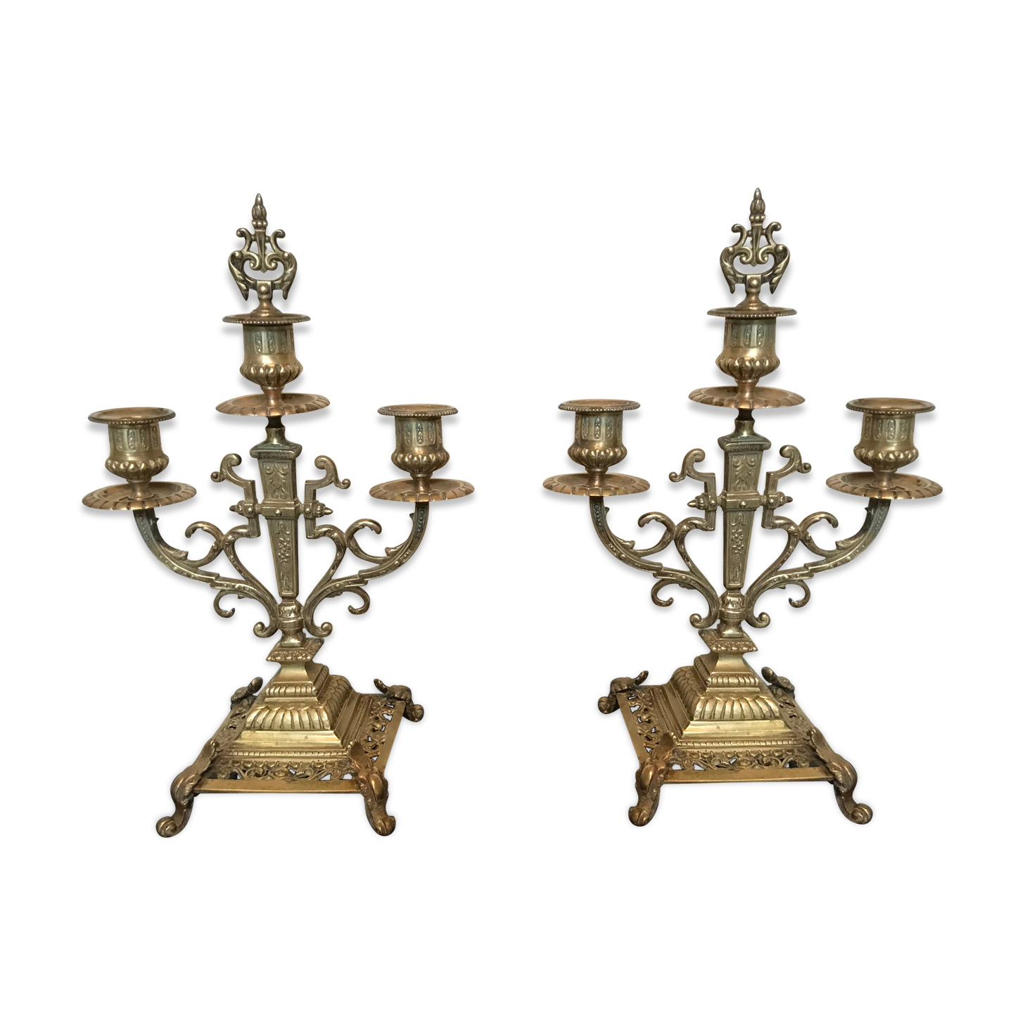 Pair of candelabras or 3-branched chandeliers in gilded bronze late 19th