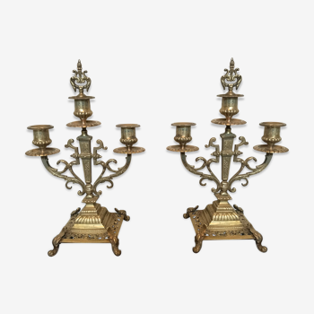 Paire de candélabres ou chandeliers à 3 branches en bronze doré fin 19ème