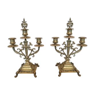Pair of candelabras or 3-branched chandeliers in gilded bronze late 19th