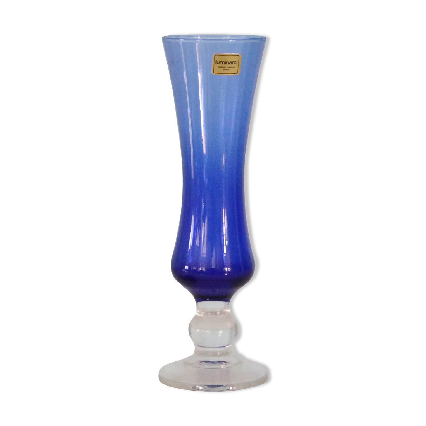 Blue vase, transparent foot, Duralex, vintage