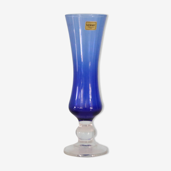 Vase bleu, pied transparent, Duralex, vintage