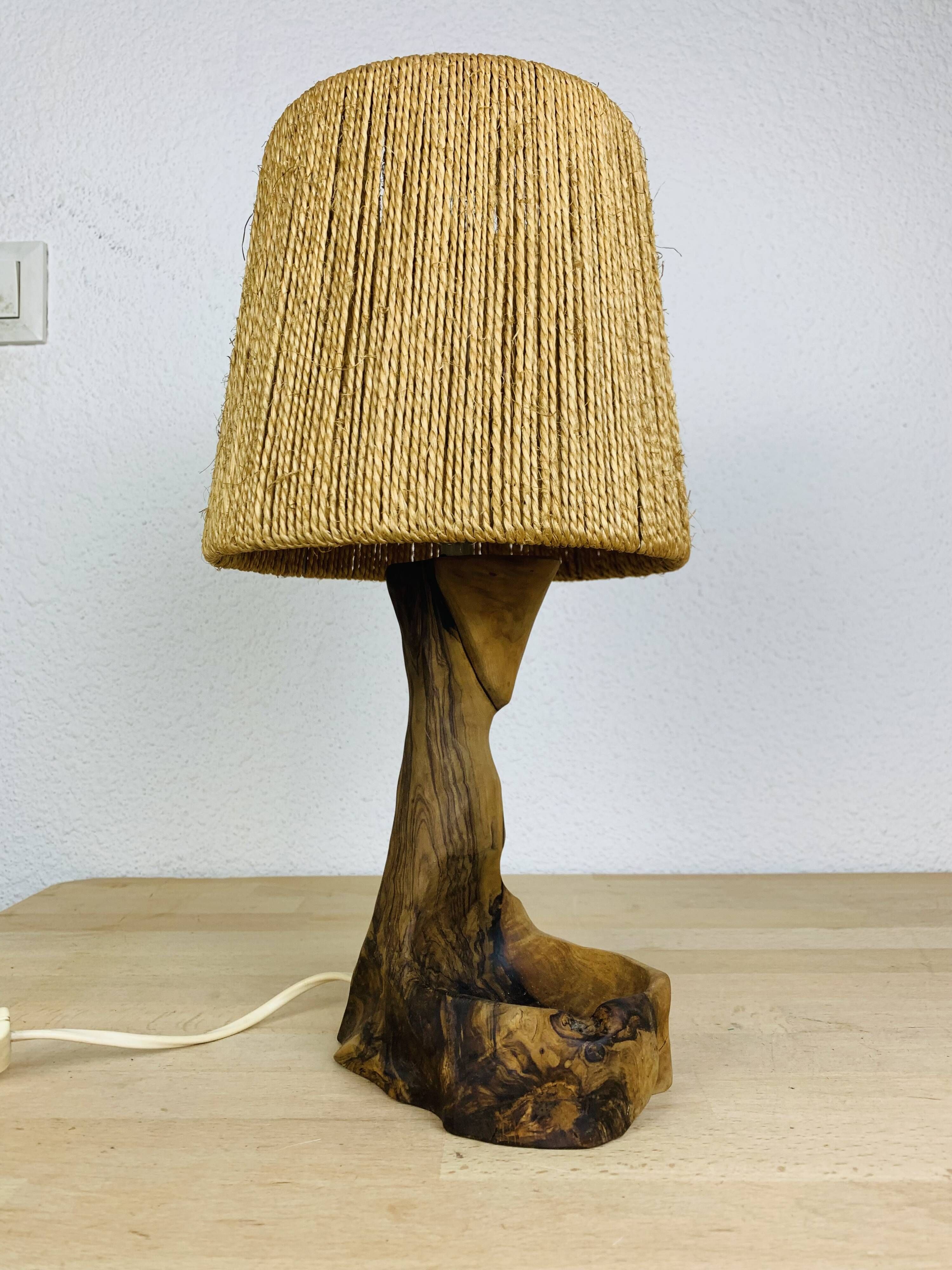 Brutalist lamp olive wood and organic style rope