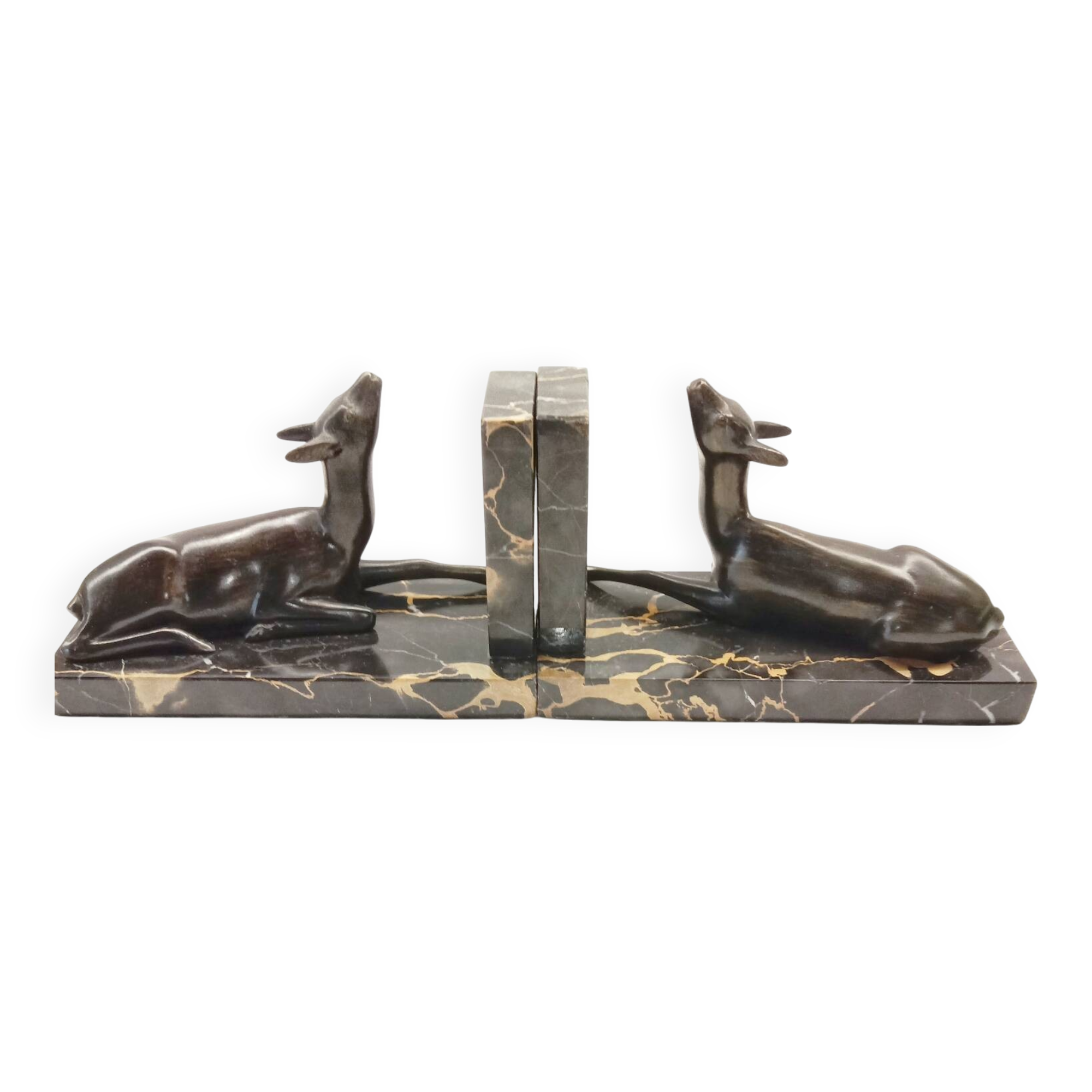 Art Deco Bookends of Doe Lying on Portor Marble