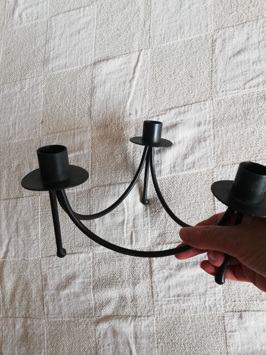 Black candle holder for three wrought iron candles