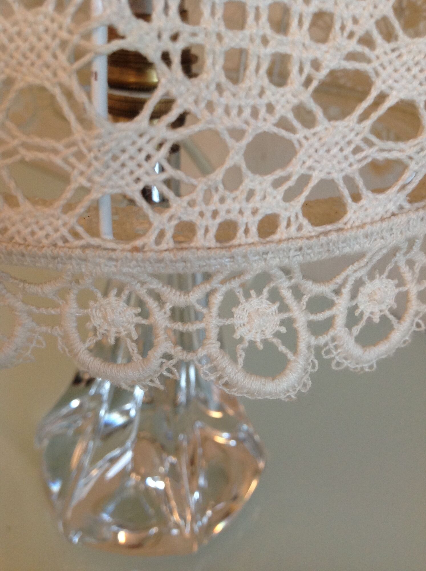 Bedside lamp glass foot and lampshade hook ecru / vintage 60s-70s