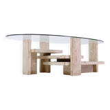 Glass and Travertine Coffee Table, Willy Ballez, 1970s