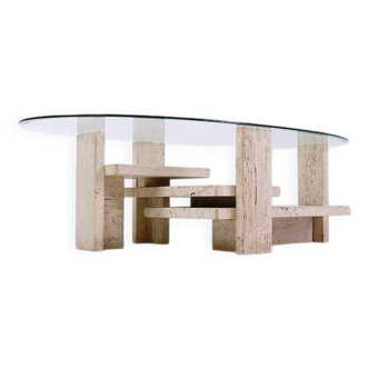 Glass and Travertine Coffee Table, Willy Ballez, 1970s