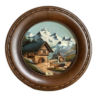 Ancient mountain landscape frame painted and carved by hand