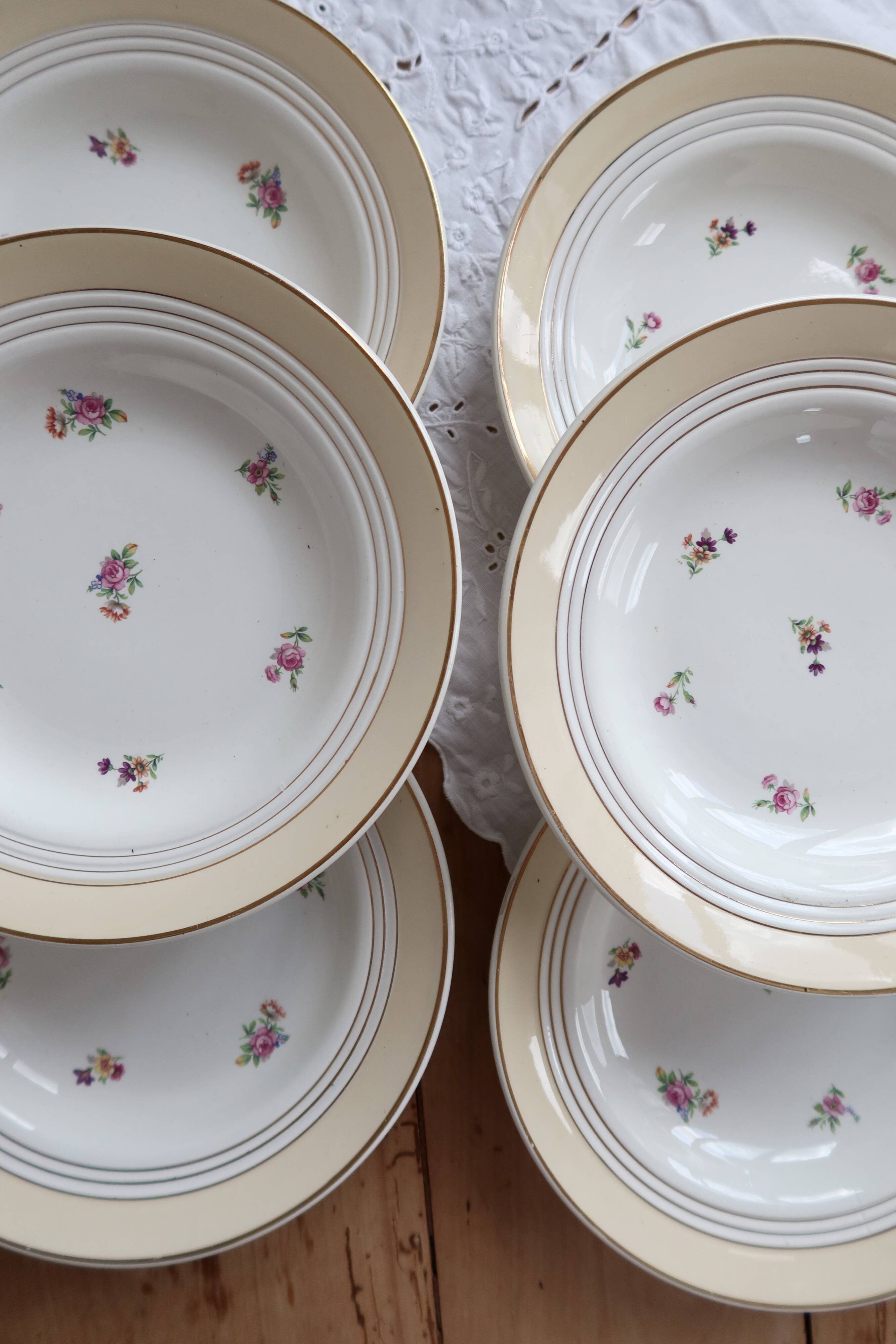 6 vintage Céranord "Cheverny" porcelain deep plates - Floral pattern