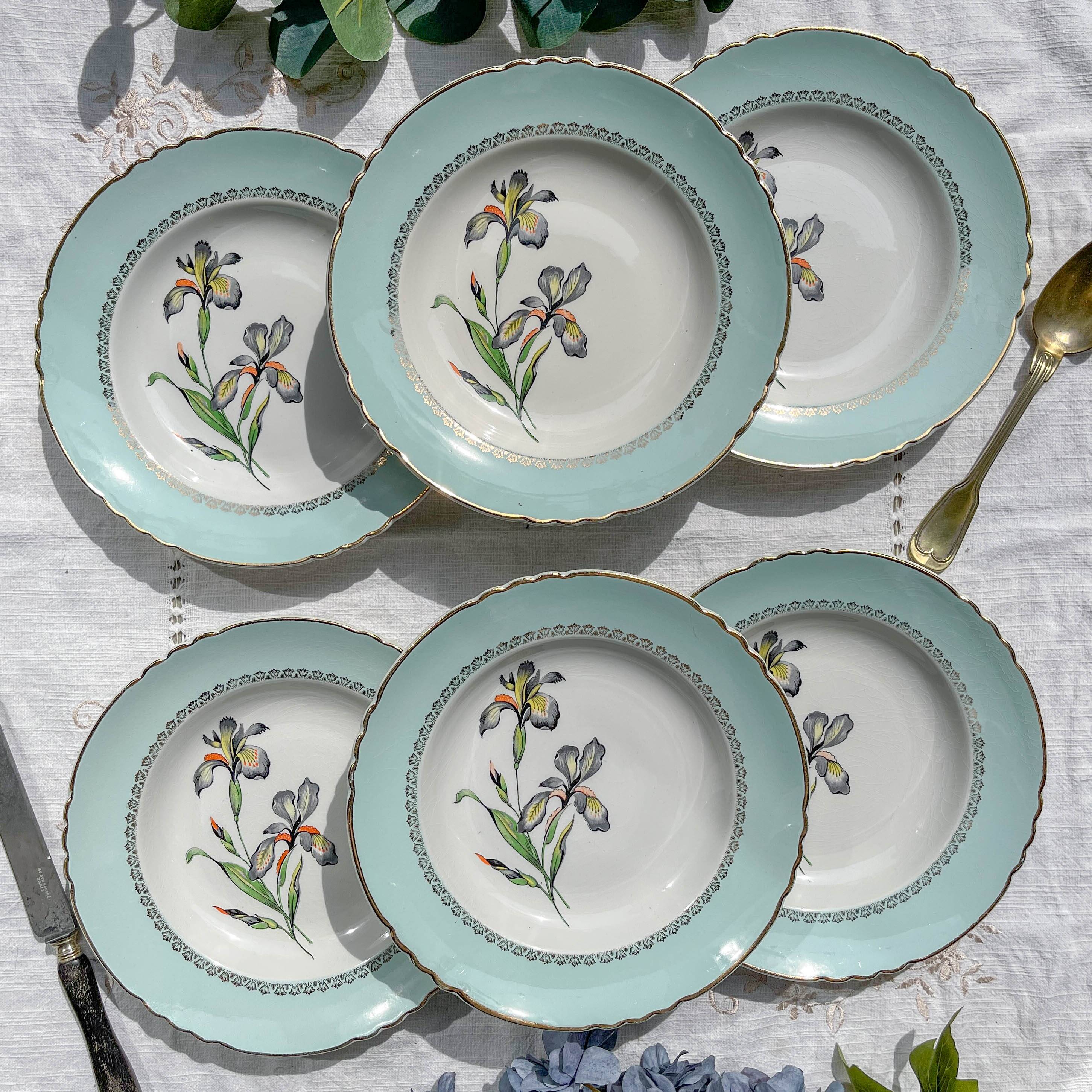6 vintage white and green porcelain soup plates Iris Moulin des Loups "Sargosse" 1950s