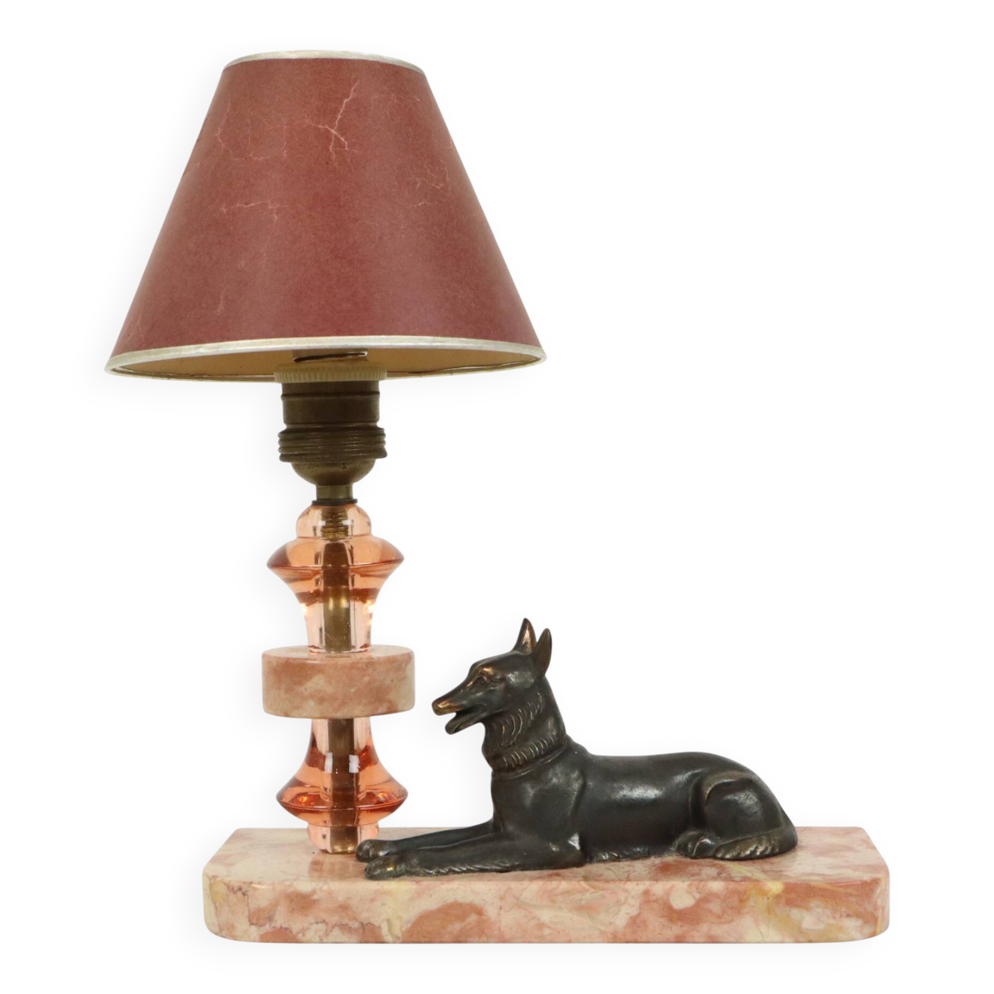 French Art Deco Table Lamp Pink Marble Glass Shepherd Dog