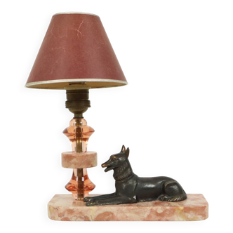 French Art Deco Table Lamp Pink Marble Glass Shepherd Dog