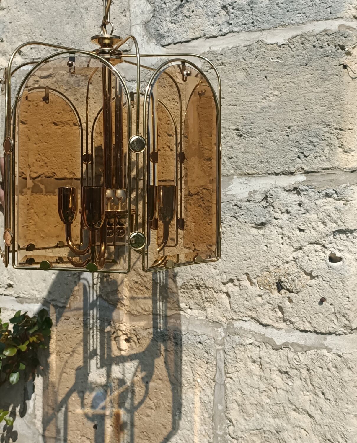 Gilded brass and smoked glass luminaire