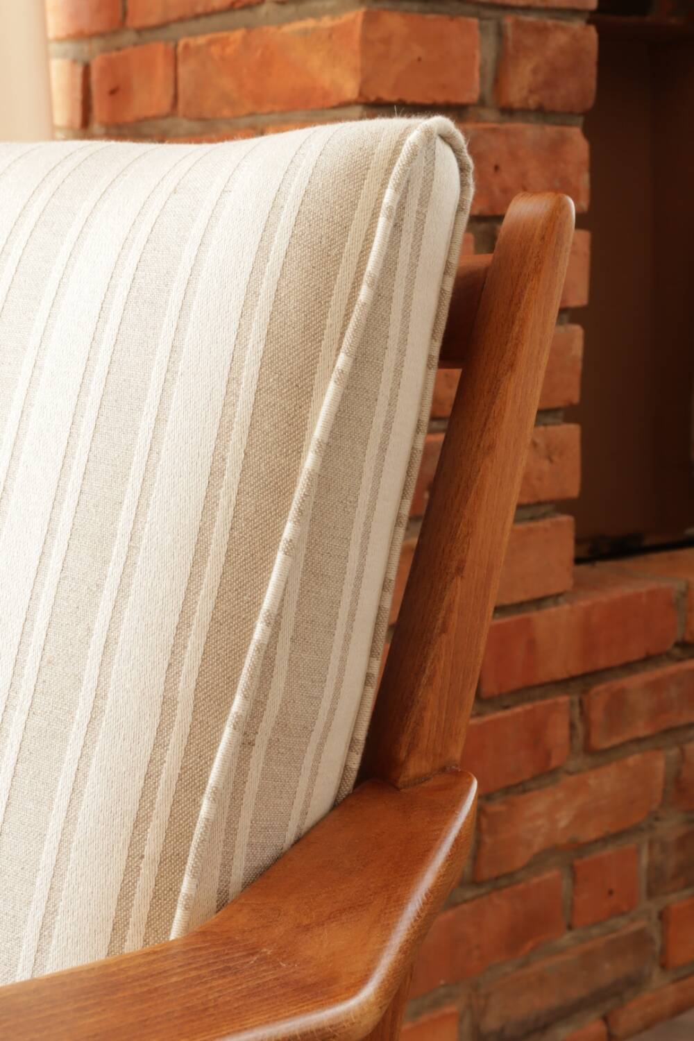 Scandinavian armchair in beige and white striped fabric