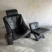 Vintage Scandinavian Black Leather Armchair with Ottoman — Solid Dark Wood Frame, Mid‑Century Modern