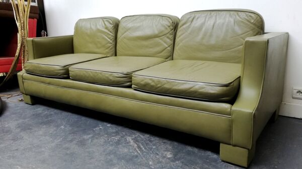 Canapé Jansen cuir vert olive France 1970