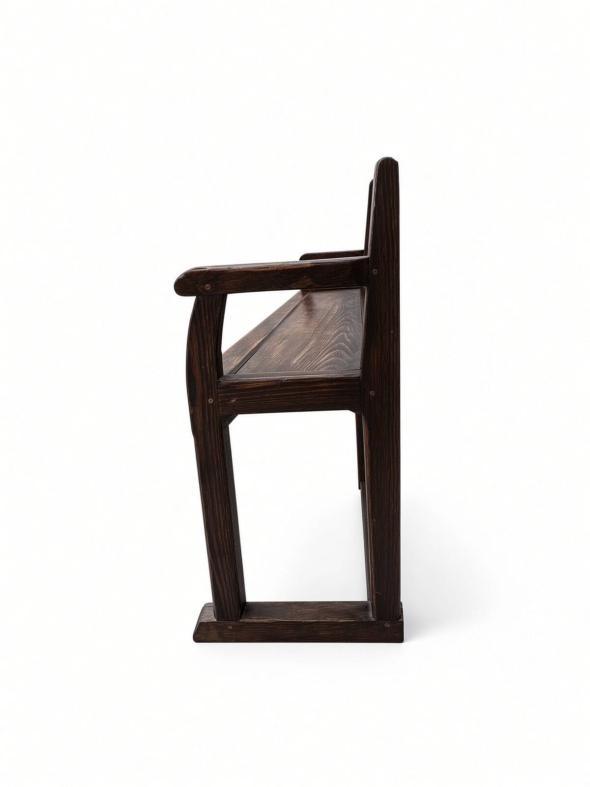Old wooden bench with backrest and armrests