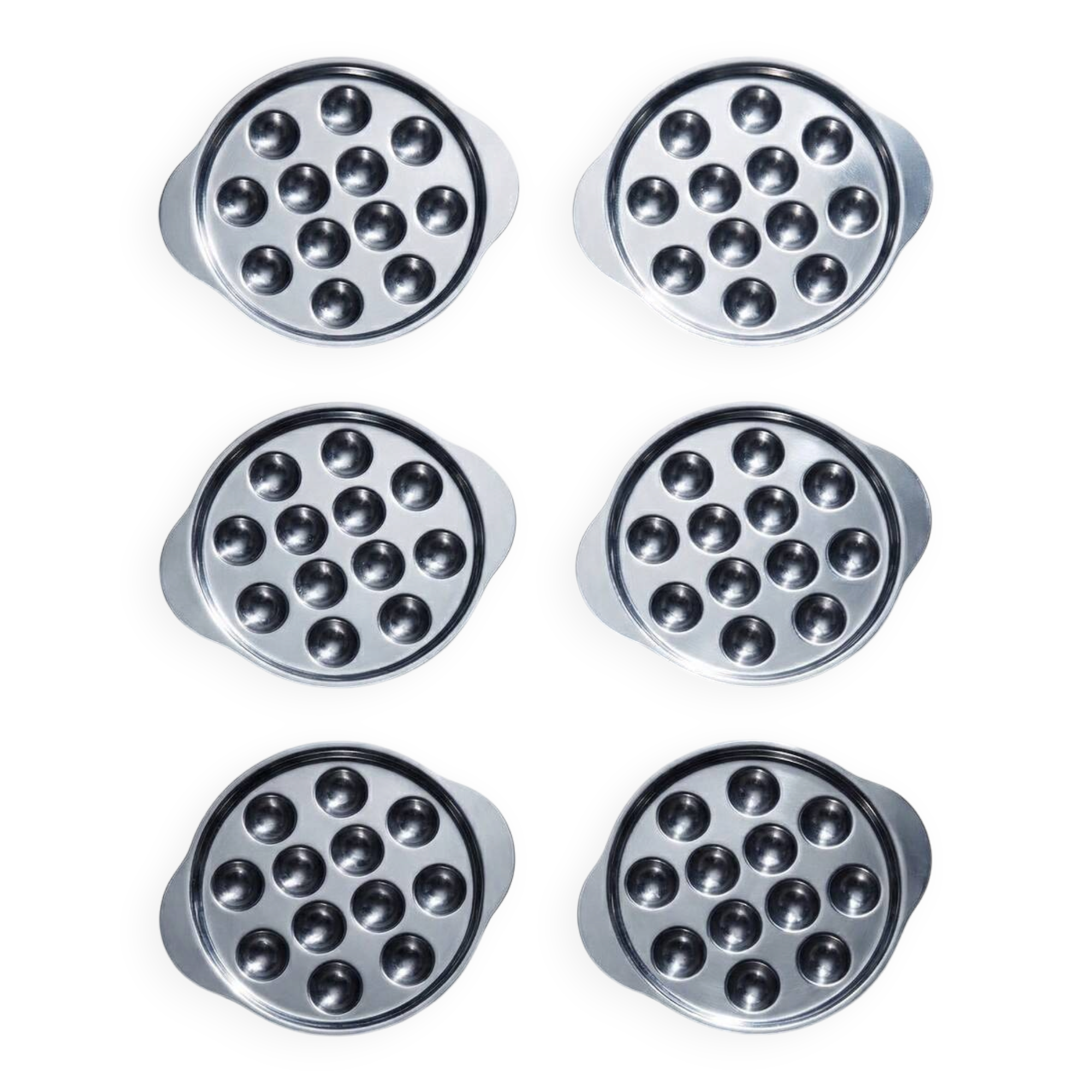 Set of 6 vintage stainless steel snail dishes, French, 1980s-90s.