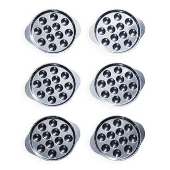 Set of 6 vintage stainless steel snail dishes, French, 1980s-90s.