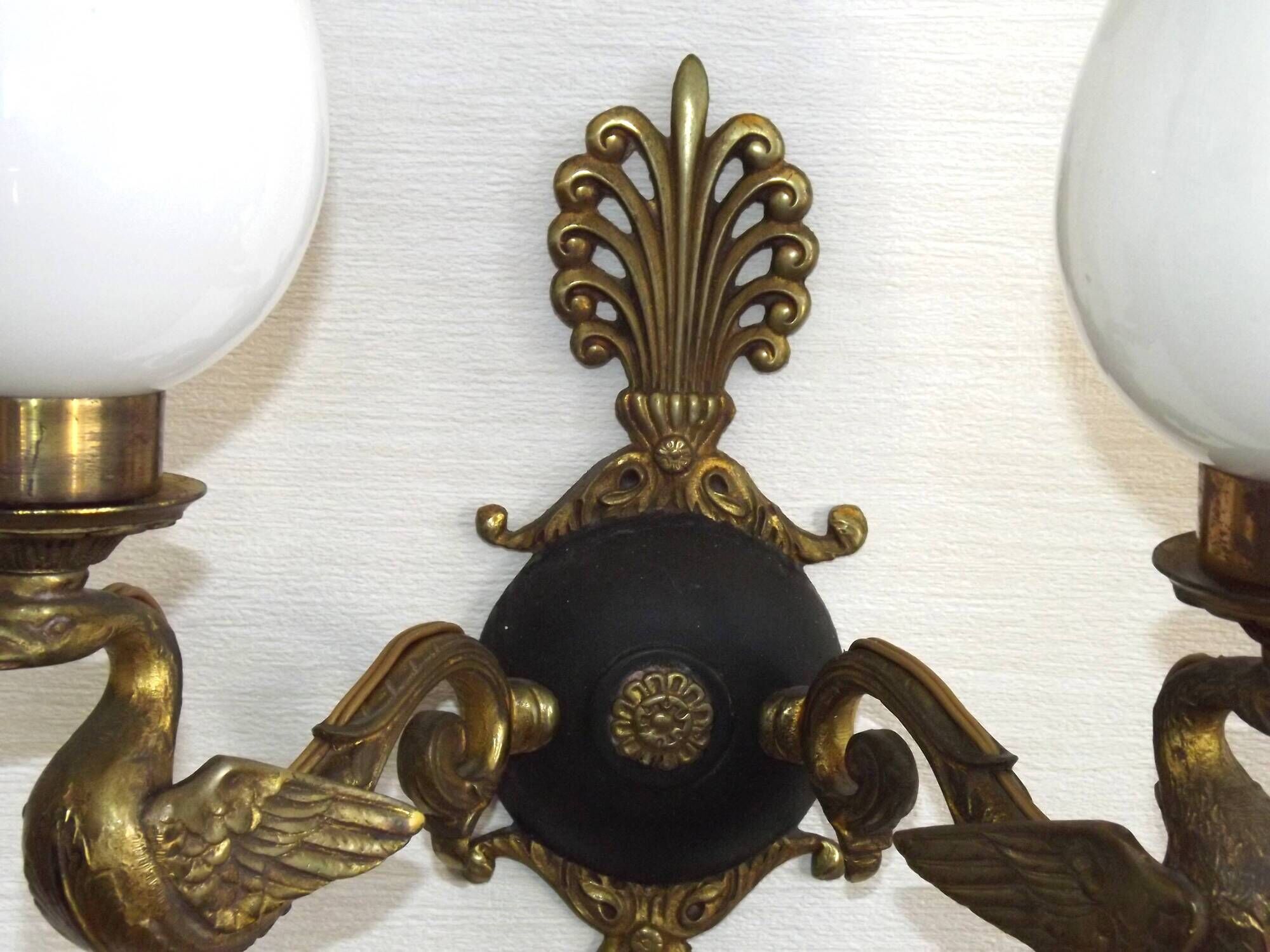 Pair Of Lucien Gau Style Double Swan Wall Lights With Opaque Glass Shades