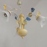 Vintage French 3 Light Chandelier with Blue & Yellow Leaf Glass Shades 5064