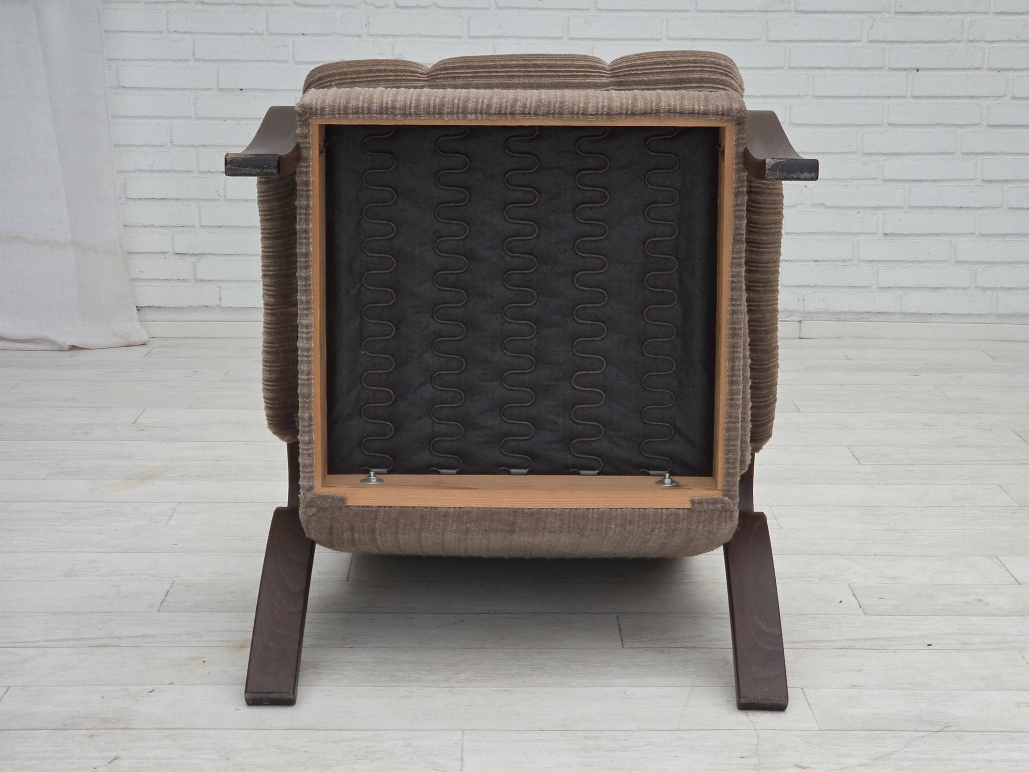 1970s, pair of Danish armchairs, brown furniture corduroy, beech wood.