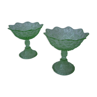 pair of pressed glass drageoirs cut green absinthe