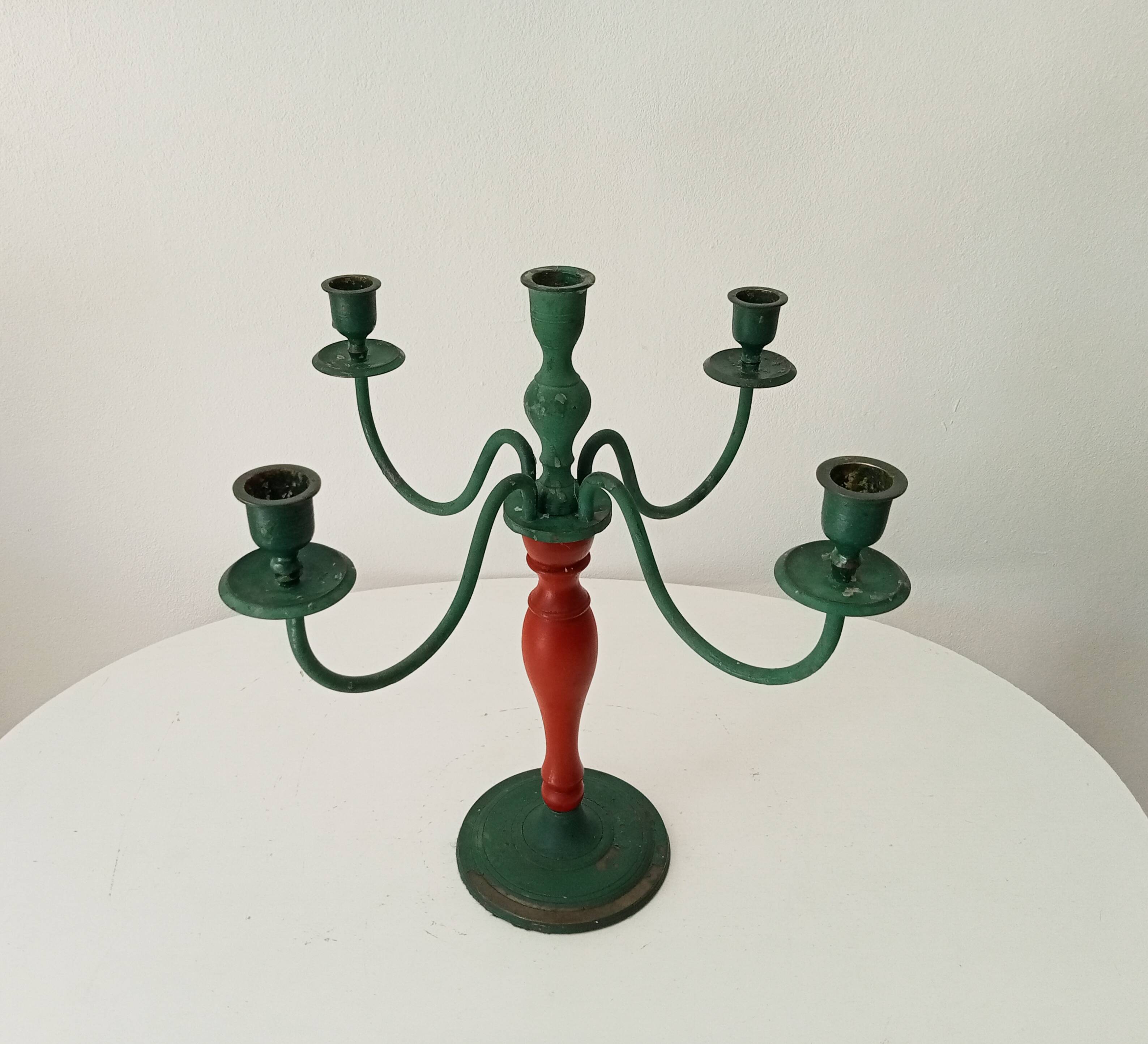 Antique 4-branch wood and metal candlestick